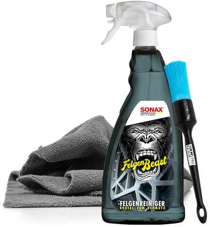 detailmate Felgen Reiniger Set - SONAX FelgenBeast Felgenreinger 1L + Valet Pro Reiniguns Pinsel chemieresistent + Allrounder Mikrofasertuch 40x40cm, 380 GSM + Schutzhandschuhe