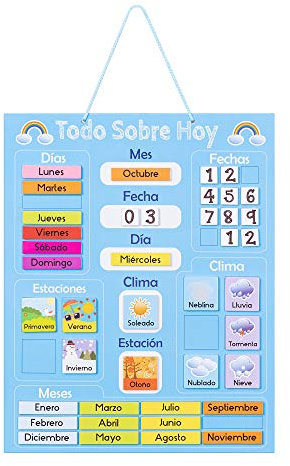 Navaris Kalender Tafel für Kinder - Lerntafel Jahreszeiten Uhr - Magnet Spiel Lernuhr - Kinderkalender Jahreskalender - magnetisch - blau - spanisch