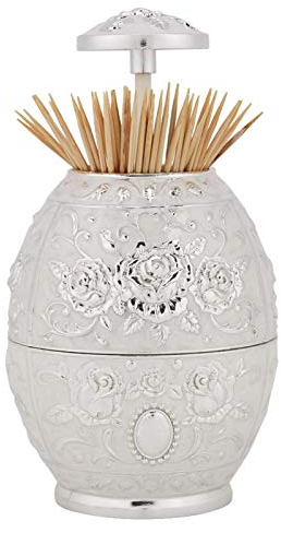 Zahnstocherhalter Retro Zahnstocher Spender Metall Zahnstocher Lagerung Automatische Zahnstocher Box Zahnstocher Behälter Ornament für Heimtextilien(Silber)