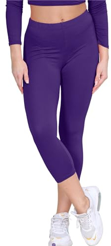 janisramone Womens Ladies New Plain Stretchy 3/4 Leggings Workout Tight Gym Cropped Capri Active Pants Purple