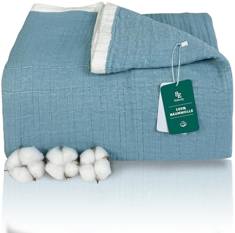 SE SOFTEXLY Musselin Decke 150 x 200 aus 100% Baumwolle, Weiche und Atmungsaktive Kuscheldecke, Leichte Tagesdecke für Alle Jahreszeiten, Sofadecke für Sofa und Bett (See-Blau, 150 x 200 cm)