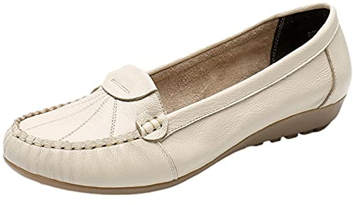 rismart Mocasines de Mujer Loafers Planas de Piel Cómodos Casuales Trabajo Zapato Beige 39 EU