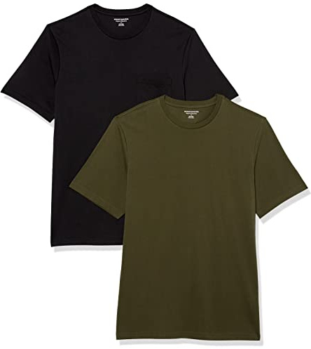 Amazon Essentials Men's Short-Sleeve Crewneck Pocket T-Shirts, Pack of 2, Black/Olive, XX-Large