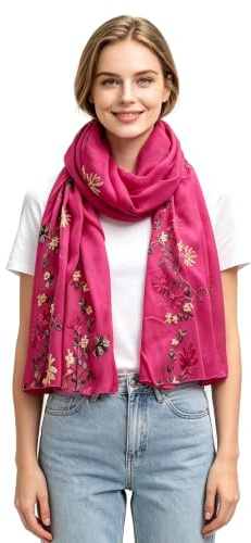 Lina & Lily broderad blommig tofs scarf sjal lätt, Mörkrosa, 180cm x 90cm