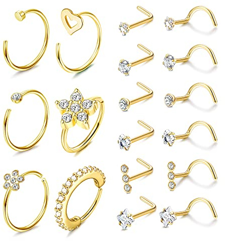 Kakonia 18stk 20G Nasenpiercing Ring Stecker für Damen Herren 316L Edelstahl Zirkonia Blume Nasenring Piercing Nostril Piercing Nose Ring Nasenstecker Set