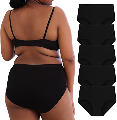 INNERSY Plus Size XL-5XL Big Curvy Woman Cotton Underwear High Waist Briefs 5-Pack(Black,4X-Large)