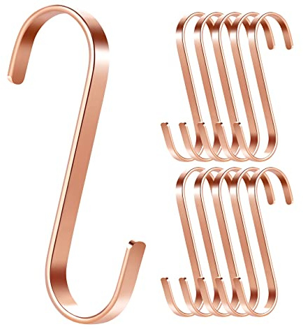 ilauke 10Pcs Rose Gold S Hooks for Hanging | 304 stainless steel, 7kg load capacity, rust-resistant, versatile for kitchen bedroom office and plants