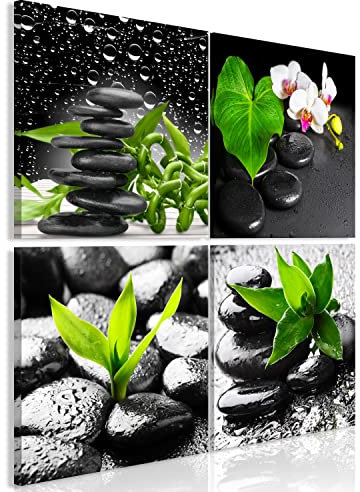B&D XXL - Ensemble de 4 tableaux d'art décoratif 40x40 cm - Impression sur toile décoration murale peinture maison salon chambre - Pierres zen noires et orchidées p-B-10004-b-a