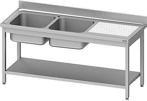 Romux® Fregadero de Acero Inoxidable de 2 Senos con Escurridor Derecha 1600x600x850 mm Desmontable | Pica Industrial con patas | Pila Lavadero