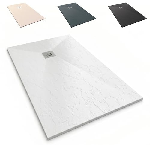 NEBADOON Plato de Ducha Resina Roma II Antideslizante 70x160 Blanco | Antibacteriano, textura pizarra, válvula 60 l/min incluida, corte a medida, fabricado en España, garantía 3 años