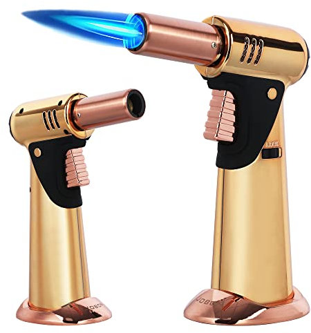 Butane Torch, Premium Double Flame Big Kitchen Torch Lighters with Safety Lock Adjustable Refillable Multipurpose Culinary Blow Torch for Creme Brulee, Baking, BBQ (Butane Gas Not Included) (Grey)