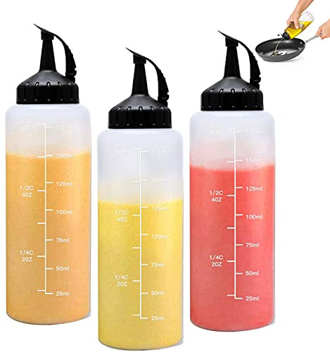 RICHSUM Botellas exprimidoras recargables con tapas a presión – para salsas calientes, salsa barbacoa, aceite, aliños, aderezos para ensalada, mostaza, mayo, 3 unidades (175 ml, negro)