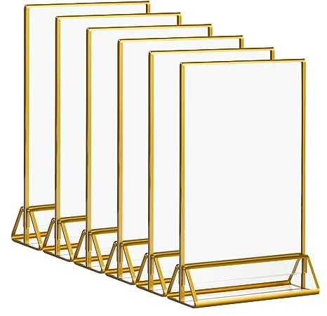 CECOLIC 6er-Pack Acryl Schilderhalter mit Goldenen Rändern, Doppelseitige Menüständer, Transparente Bilderrahmen für Restaurant Menüschilder, Tischnummern für Hochzeiten - 12,7 x 17,8 cm