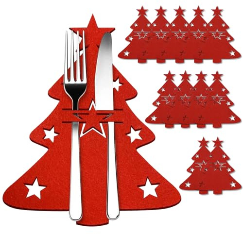 THETAG 12 Stück Besteckhalter Weihnachten Filz, Bestecktasche Tannenbaum Besteckbeutel Weihnachtsdeko Tischdeko Rot, Weihnachts Messer Gabeln Löffel Geschirr Besteck Taschen für Party Tisch Deko