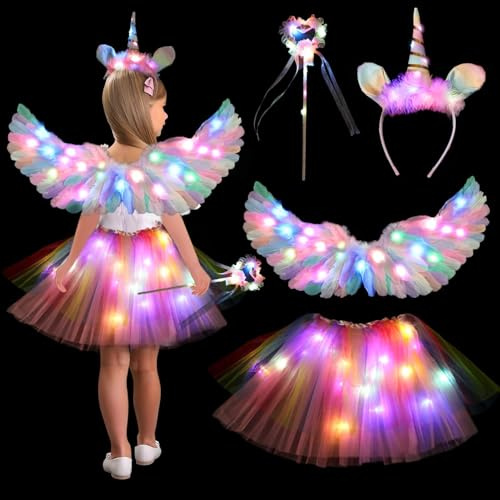 TaimeiMao Leuchtend Einhorn Kostüm Kinder,mit 60cm Engelsflügel Federflügel Heiligenschein Einhorn Haarreif Zauberstab LED Tutu Tüllrock,für Halloween Karneval Cosplay Party Fasching Kostüm