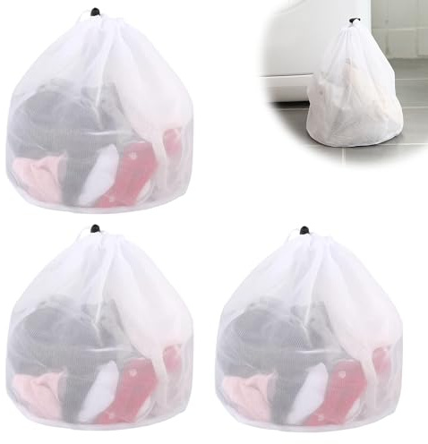 3 Bolsas de Lavandería de Malla con Cordón, Bolsa de Lavandería Reutilizable con Cordón, Bolsa de Lavandería de Malla Gruesa, Bolsa de Lavandería con Cordón de Red Fina, para Ropa, Mantel (Blanco)