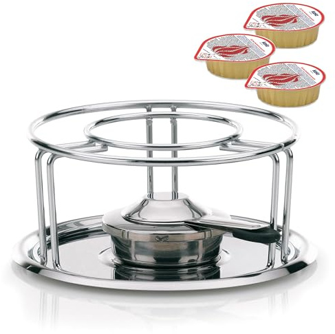 kela Rechaud Maxi, 3-teilig, Ø 23,5 cm, Edelstahl, Silber glänzend, Verchromt, Untersetzer aus Edelstahl, Pastenbrenner, 60127, 6 Brennpasten Magma, je 80 g, Ethanol, 390010