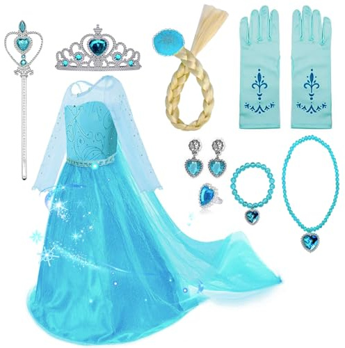 NINGESHOP Elsa Déguisement, Robe Elsa Enfant de Princesse, Costume Princesse avec Accessoires de Baguette Magique Princesse Couronne Pour Anniversaire Cosplay Fête De Mariage, 130cm