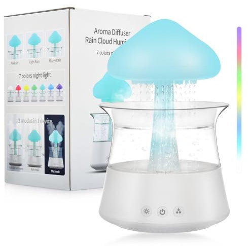 Rain Cloud Humidifier Rain Drop Mushroom Humidifier with 7 Colors LED Changing Lamp Snuggling Cloud Essential Oil Diffuser Rain Sounds White Noise Humidifier Air Humidifiers for Bedroom Desk