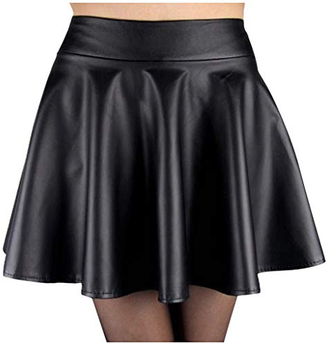 Lederrock Damen Sexy Kurz Plissee Rock Party Hohe Taille PU Minirock Lederrock Ausgestellter Rock Einfarbig Skater Rock Sommer Clubwear Skirt PU Bodycon Röcke mit Reißverschluss Faltenrock (Black, S)