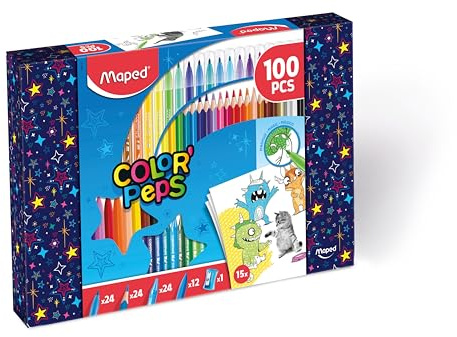 Maped - Kit da colorare 100 pezzi Color'Peps - 24 matite colorate + 24 pennarelli + 24 matite di cera + 12 matite in plastica + 1 matita + - Scatola riutilizzabile