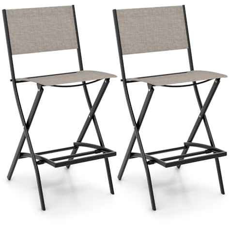 GOPLUS Gartenstuhl klappbar, 2er Set Balkonstuhl aus Metall bis 150kg belastbar, Barhocker Barstuhl mit Rückenlehne & Fußstütze, Klappstuhl Terassenstuhl Outdoor für Rasen Veranda (Kaffee)