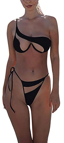 Generisch Sexy Brazilian Bikini-Set mit Bügel Asymmetrische Cut-Out EIN Schulter Bikini Bademode Seitlicher Schnürung Tanga Badeanzug Zweiteilige Bademode Swimsuit(Schwarz, M)