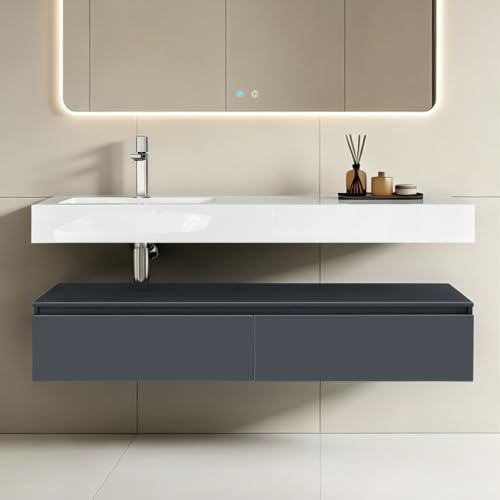 doporro Mobile Bagno Sospeso Mobile Sottolavabo 150 cm con Lavabo Integrato | Antracite, Lavabo Bianco, UP F029 Colossum12-1500L