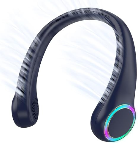 Ventilatore da collo, 4000 mAh, mini USB, silenzioso, 3 velocità, luce LED, portatile per esterni, interni, campeggio, viaggi, sport blu scuro
