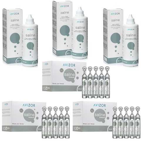 Avizor Saline - Mega Pack Risparmio - 3 flaconi da 350ml + 3 scatole da 30x5ml - Soluzione Salina per Sciacquare, Idratare e Prendersi Cura delle tue Lenti a Contatto