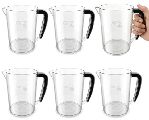 Chabrias Ltd 6 Pack 2 Pint Plastic Jugs (1.1L) - UK Made - Government CE Marked Water Jug with Handle - Clear Reusable Drink Pitchers - Dishwasher Safe - Catering, Care Homes, Schools, Bars - UK Made
