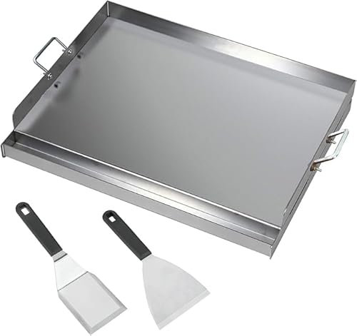 FINEUNAN Edelstahl Grillplatte | 40x30x8 cm | Universal BBQ Plancha passend für Weber Gasgrill und Holzkohlegrill | Grillplatte mit Grill-Spachtel Schaber set