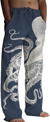 Pantalon de détente imprimé de style japonais pour homme - Motif pieuvre - Jambe droite - Taille élastique - Pantalon décontracté traditionnel Sashiko Art - Lin mélangé