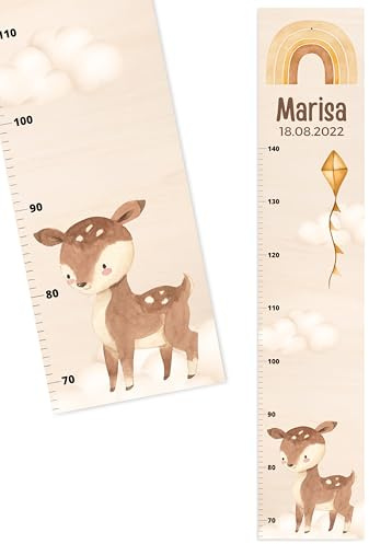 Bärenfreunde® - Personalisierte Messlatte Kind Holz zum Kleben oder Aufhängen - Skala 70-140cm - Süße Dekoration für Baby- & Kleinkinderzimmer (Kinder 70-140cm, Reh)