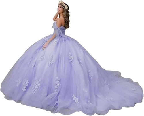 TSxuelian Vestidos de Quinceañera para Mujer con Apliques de Encaje Vestido de Baile con Hombros Descubiertos Vestido de Princesa de Graduación con Cola Vestidos Hinchados Dulces de 16 Años, Lila, 48