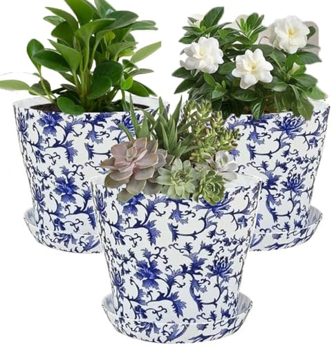BSTMOME Creative Blue and White Flower Pot, Round PP Planters with Drainage Hole and Trays, Retro Planter Pot for Succulents Cactus Flowers Indoor/Outdoor Garden Decor Set of 3, 4.7inch
