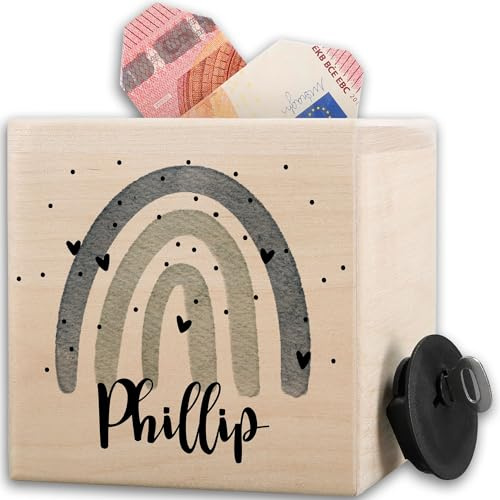 Holz - Spardose Kinder | Regenbogen Sparbüchse | Personalisierte Spardose Junge mit Namen - 10x10cm - Holz - mädchen kinderspardose Name blau sparschwein für kinderspardosen spardosen