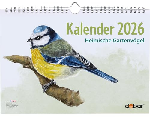 Hochwertiger Jahres-Kalender 2026 DIN A4 quer für die Wandaufhängung - Großer Jahresplaner mit Vogel-Illustration ideal für Küche und Familie
