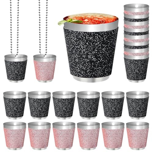 Dzmuero Shot glas med kedjor, 12-pack Likörglas med kedja, spritglas i rostfritt stål med kedja, för bröllopsfester, celibatfartyg, rosa och svart
