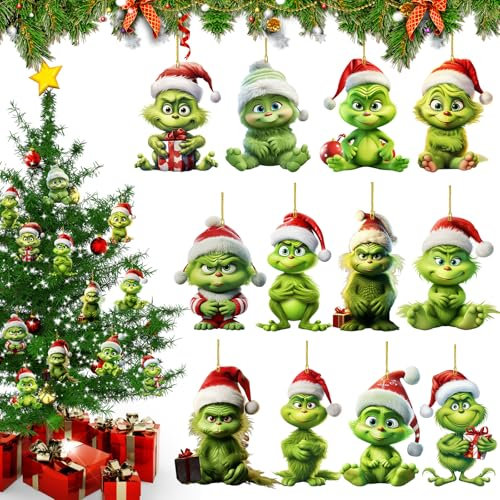 12 Stück Weihnachtsschmuck Grinch Weihnachtenanhänger, Weihnachten Deko Grinch, 2D Elf Christmas Decorations, Weihnachtsschmuck Acryl-Hängende Ornament, Christbaumschmuck für Familie, Party