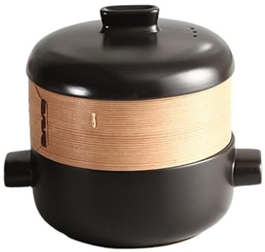 XYUERU Cazuela de cerámica de Estilo japonés con vaporera, vaporera de cerámica, cazuelas de Estilo japonés, Olla multifunción for estofado de Cocina(Black,1.5L)