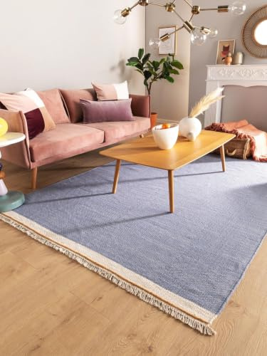benuta Pop Wollteppich Karla - Blau 80x120 cm - Baumwolle,Wolle - Rechteckig & im Style: Uni, Hygge & Cozy, Minimalistisch - Pflegeleicht für Wohnzimmer Schlafzimmer