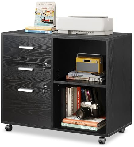 DEVAISE 3 Drawer Mobile File Cabinet,Wood Lockable Drawers Printer Stand with Open Storage Shelf fits A4 or Letter Size for Home Office, Black