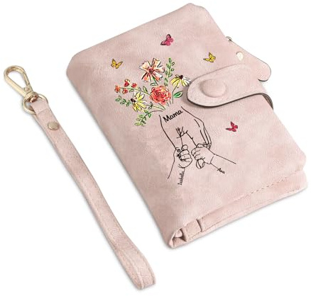Jeweidea Porte Monnaie Femme Personnalisé avec Fleur et Noms Gravés Portefeuille pour Femme avec Compartiment pour Porte Carte Monnaie Cadeau Maman Fête des Mères (B-Rose)