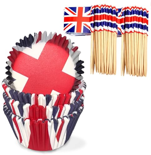 200Pcs Union Jack Cupcake Cases & Toothpick Flags for VJ Day 80th Anniversary Decorations, Britain Wrapper Paper Cake Case & Cupcake Toppers Cocktail Stick for Muffins and Cakes