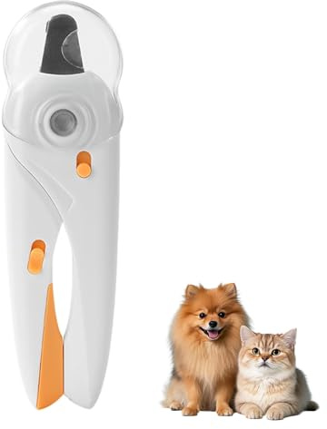 Krallenschere Katzen mit LED Licht, Krallenschneider für Hunde Katzen, Haustiere Nagelschere mit Sicherheitsschutz, Edelstahl Krallenpflege Schneider Nagelknipser für Mittle Kleine Haustiere (Weiß)