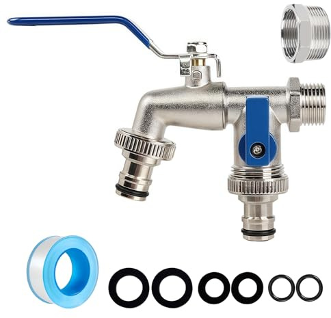 Blue Double Garden Tap, 2 Way Brass Outside Tap with Hose Connector, Dual Outlet Outdoor Water Tap, 1/2 Inch & 3/4 Inch Threaded for Garden Watering and Hose Pipe