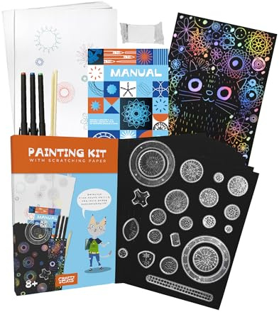 CRAFTY CATS Spirograph 47 Stück Deluxe Kit mit Kratzbilder Mandala Zeichenschablonen Bambus Multifunktional Spiral Designer Kinder ab 8 Jahre