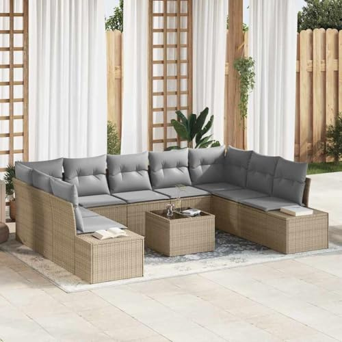 Qnhdfrt Garten-Sofa-Set Outdoor, Beige Poly Rattan Lounge-Set mit Kissen, 10-teiliges Gartensofa für Terrasse und Balkon, Modernes Design & Robuste Materialien