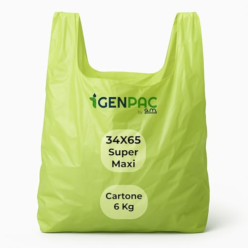 G.M. DISTRIBUZIONE 6 Kg Buste Spesa Biodegradabili Verdi con Manico, Misura 34x65 cm, Circa 180 Pezzi a Scatola, Shopper Compostabili per Alimenti, Sacchetti Extra Resistenti (MISURA SUPER MAXI)